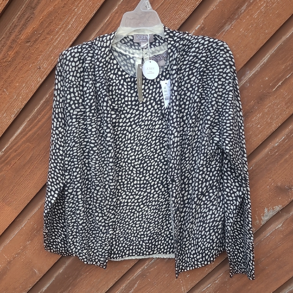 NWT J. CREW Featherweight Black and White "Spotted" Cashmere Blend Cardigan Set